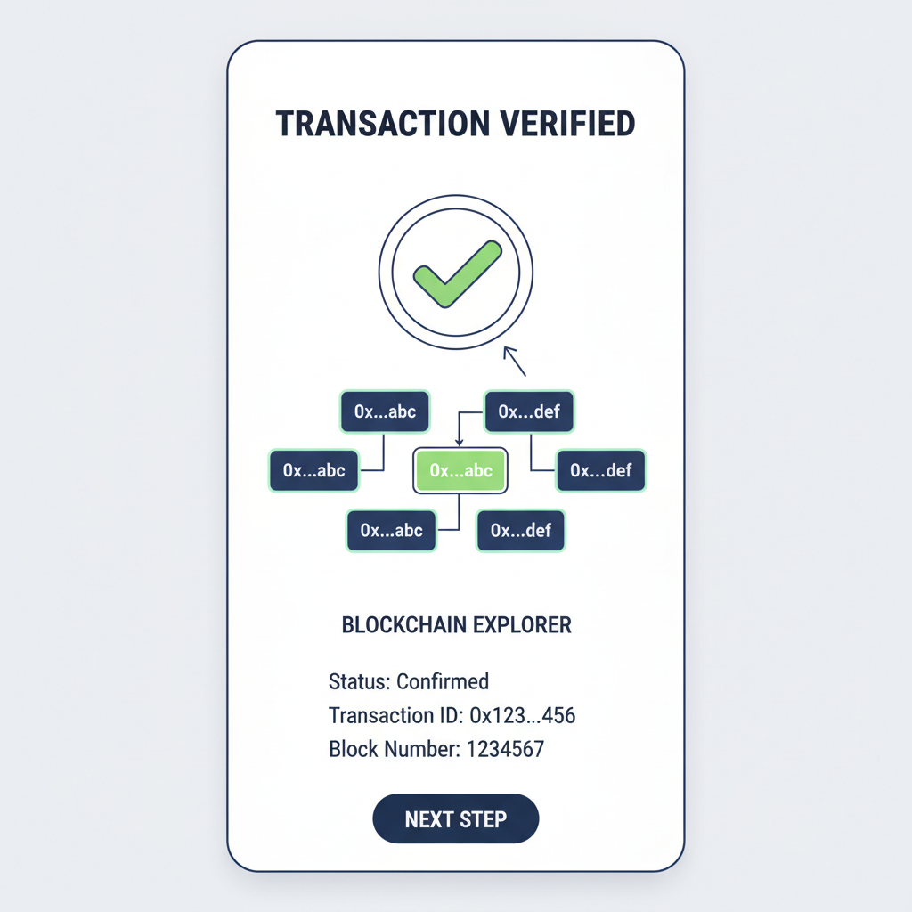 Transaction verification screen in app, green checkmark, blockchain explorer view