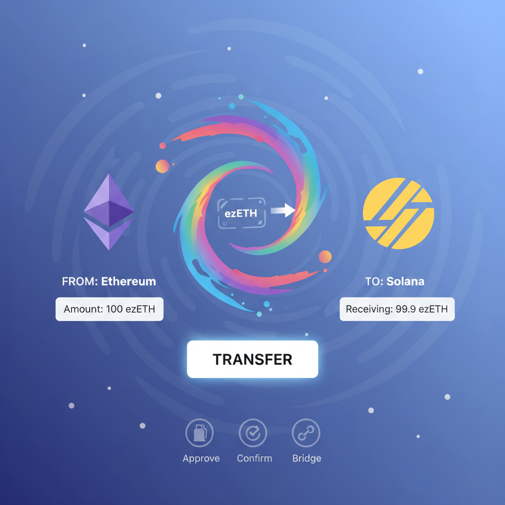 Wormhole bridge interface transferring ezETH from Ethereum to Solana, cosmic portal graphic