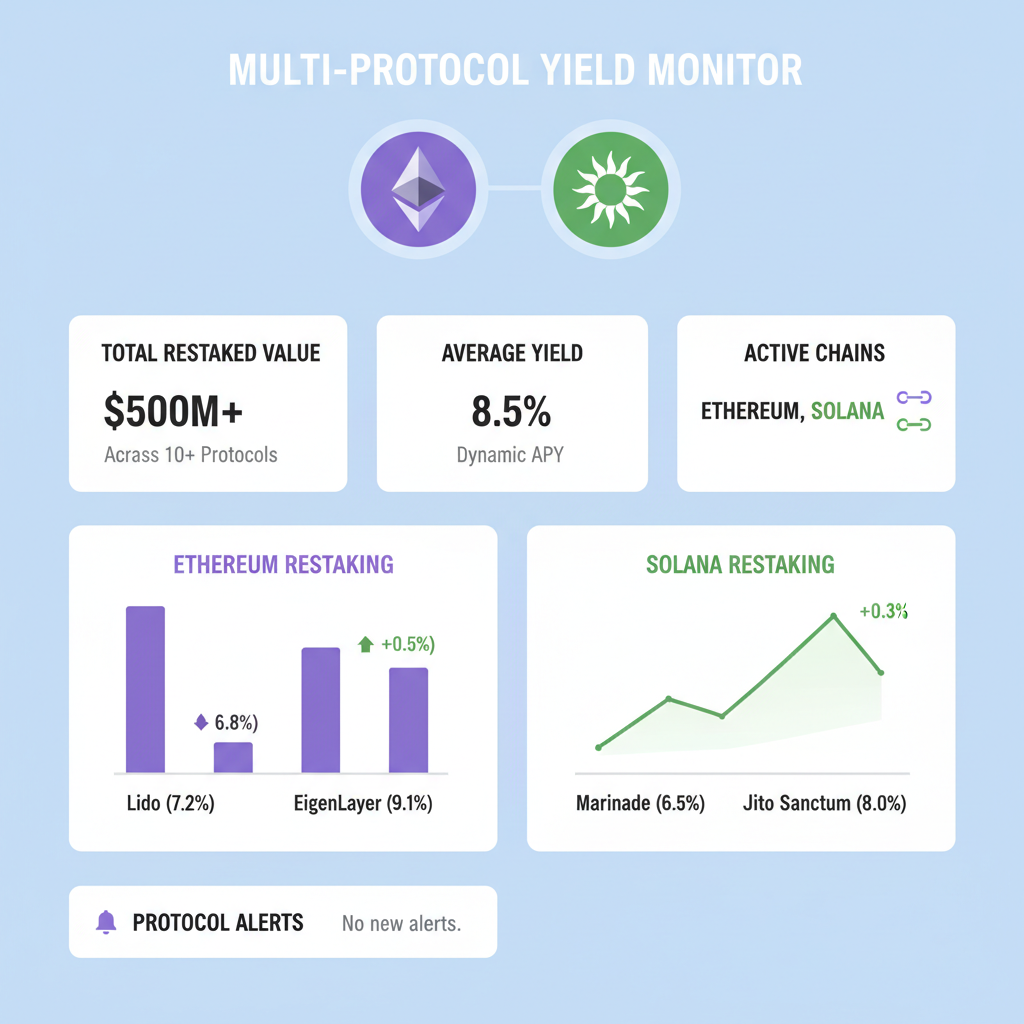 multi-protocol dashboard monitoring restaking yields across Ethereum and Solana chains