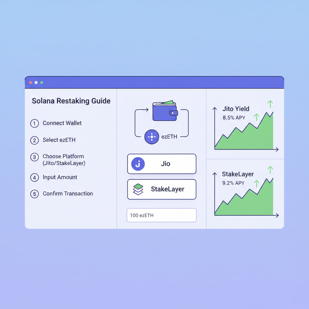 Solana dashboard showing restaking ezETH into Jito or StakeLayer, yield charts rising
