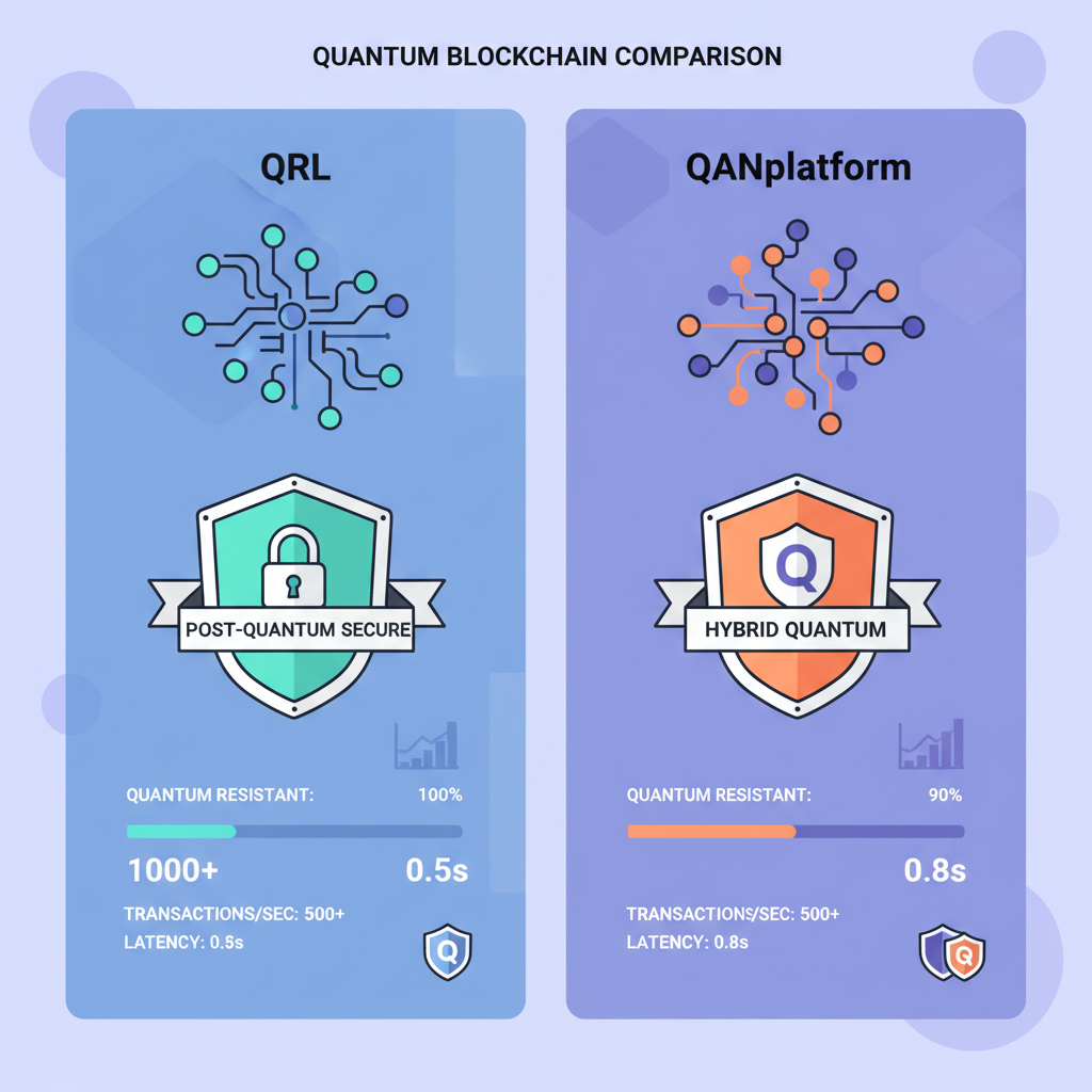 sleek dashboard comparing QRL and QANplatform quantum blockchains with security shields