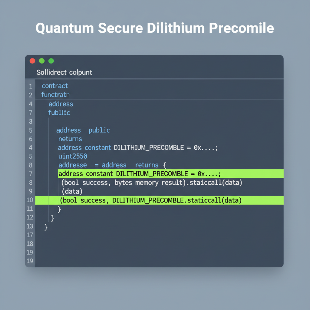 Solidity code editor highlighting Dilithium precompile functions quantum secure