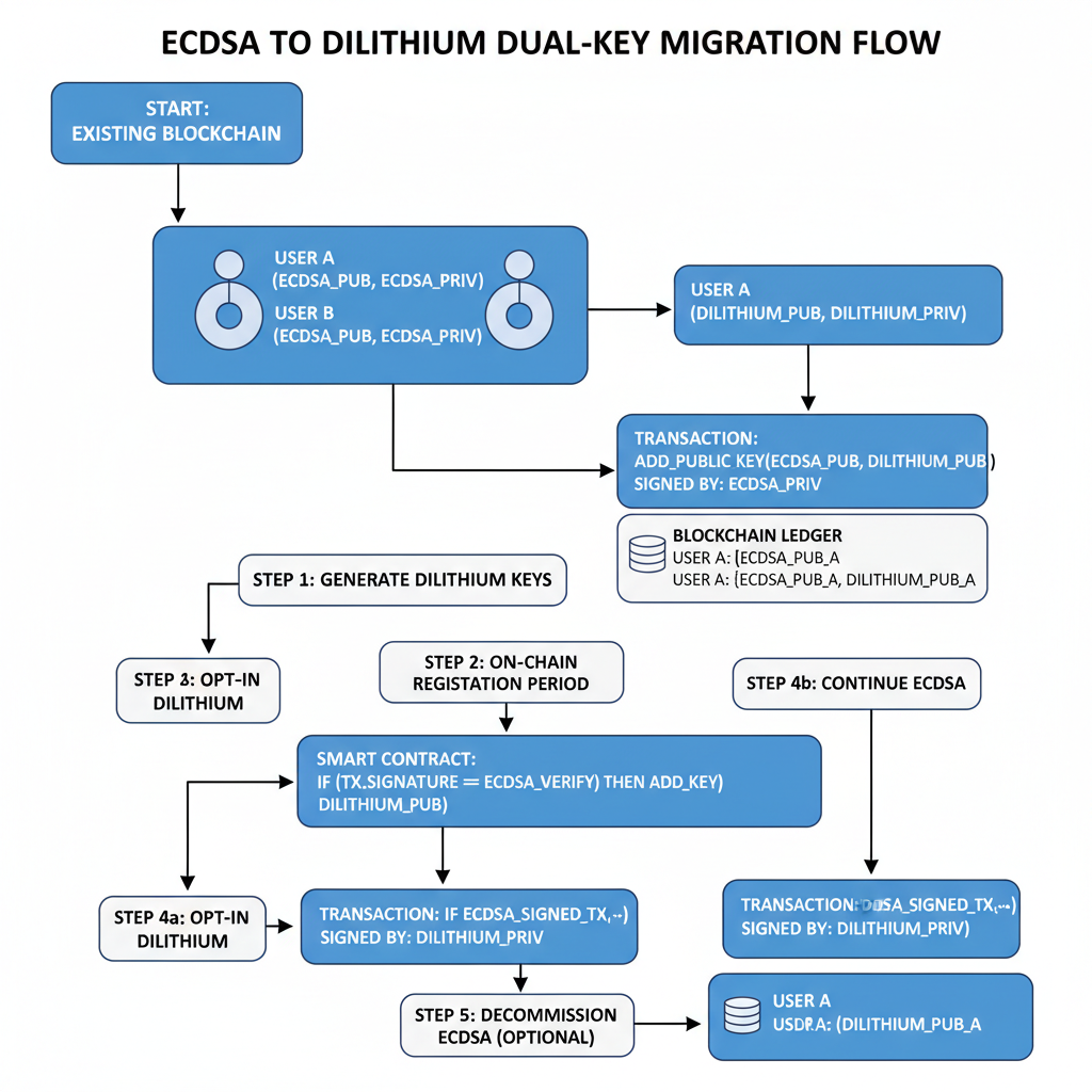 flowchart diagram migrating from ECDSA to Dilithium dual keys on blockchain