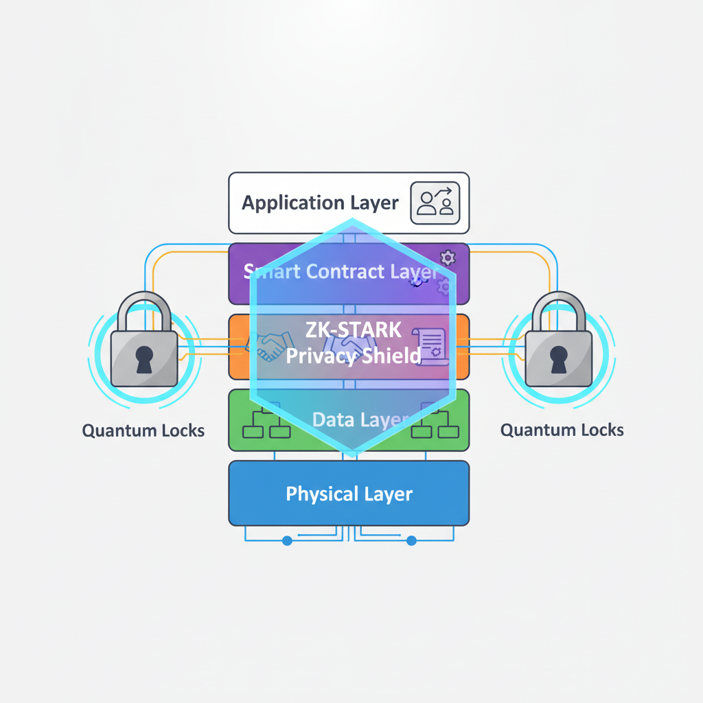 layered blockchain stack with ZK-STARK privacy shield and quantum locks