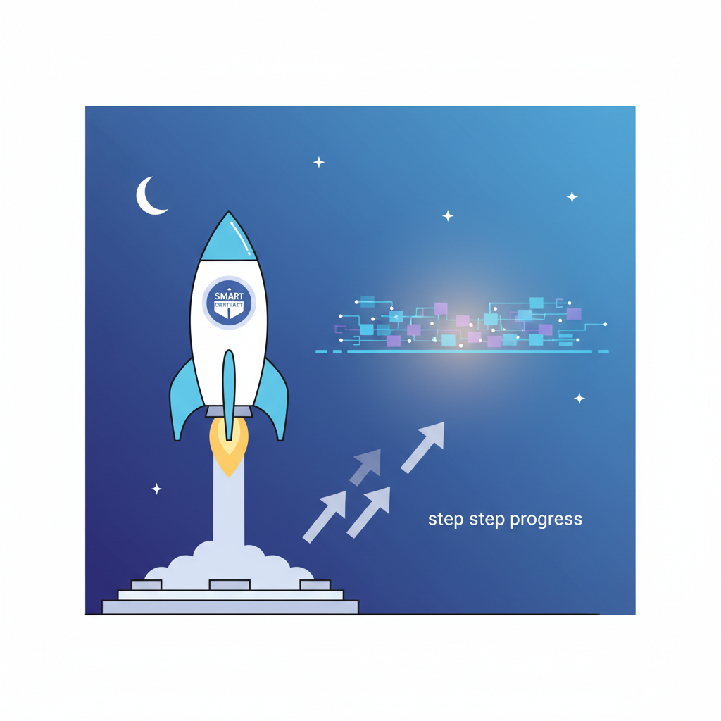 rocket launching smart contract to glowing mainnet blockchain horizon