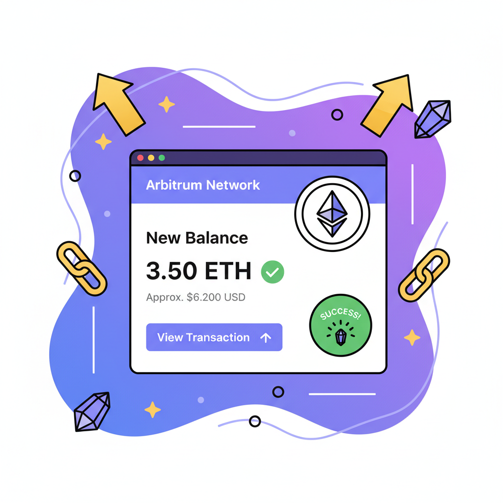 MetaMask wallet on Arbitrum network displaying new ETH balance, success notification, triumphant crypto theme