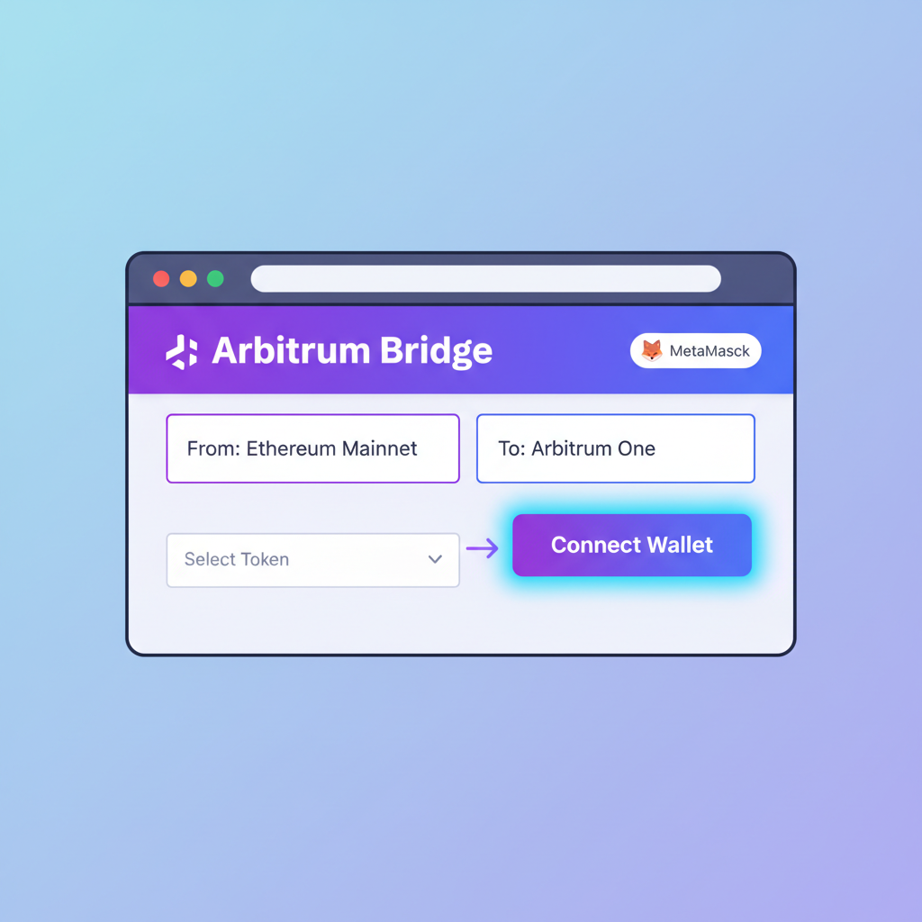 browser open to Arbitrum bridge site with MetaMask connect button highlighted, vibrant purple and blue crypto UI