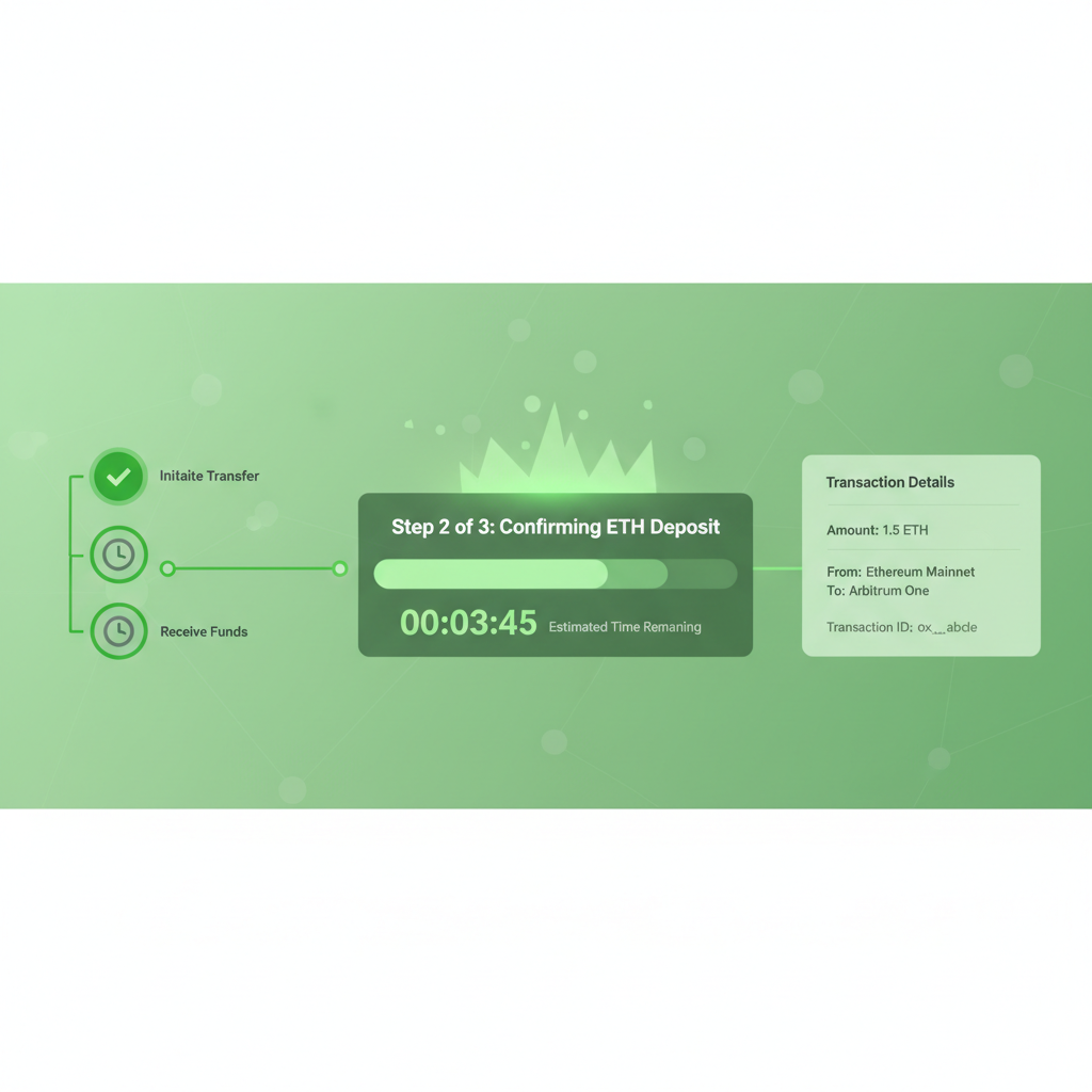 Arbitrum bridge dashboard tracking ETH deposit status, progress bar and timers, energetic green accents