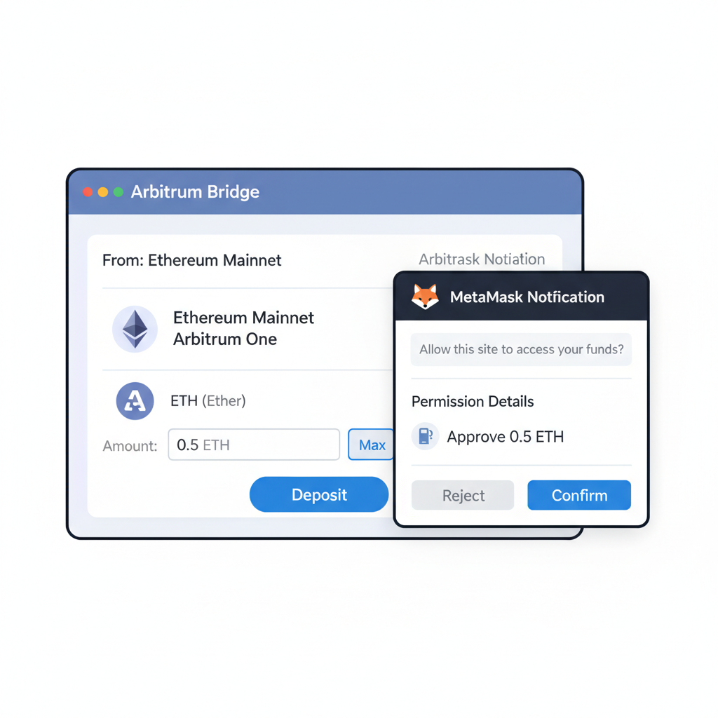 Arbitrum bridge deposit form with ETH selected and MetaMask approval popup, clean modern interface