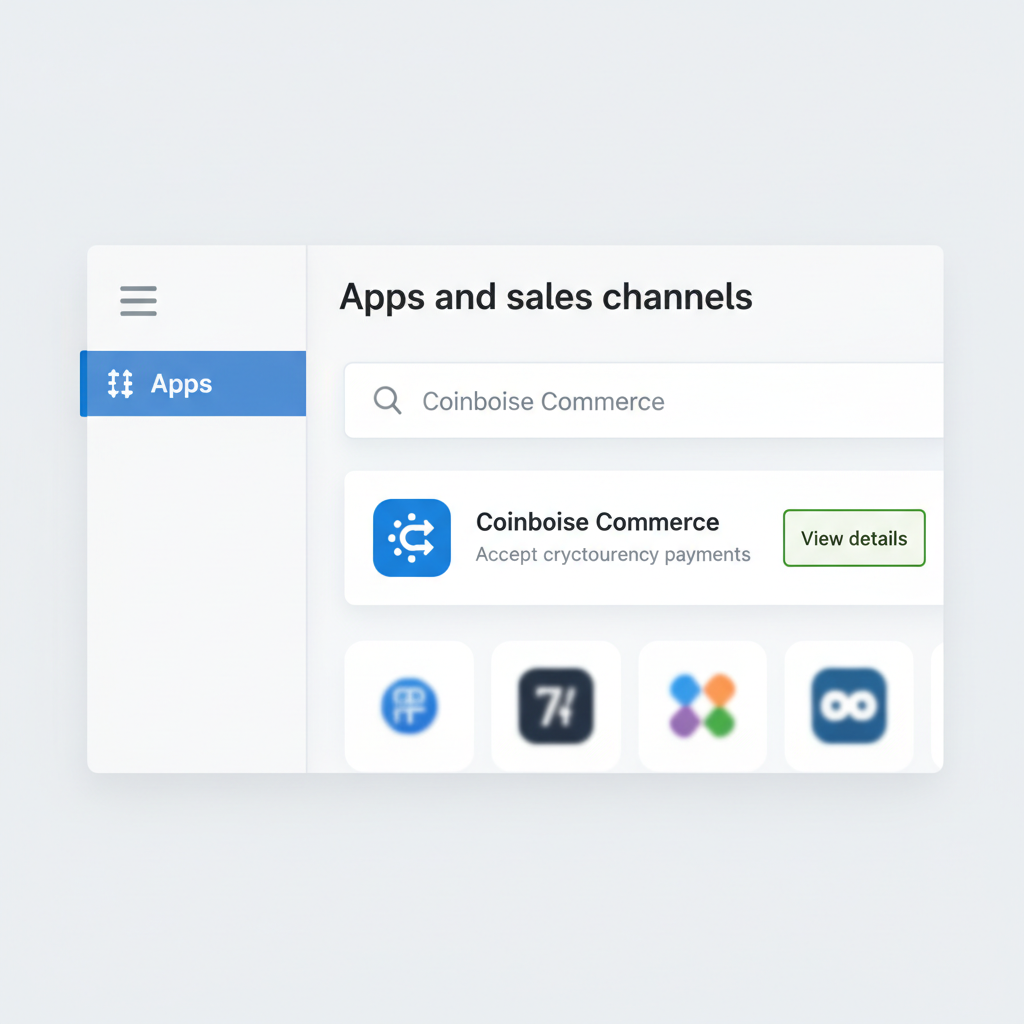 Shopify admin dashboard, apps section, searching for Coinbase Commerce app