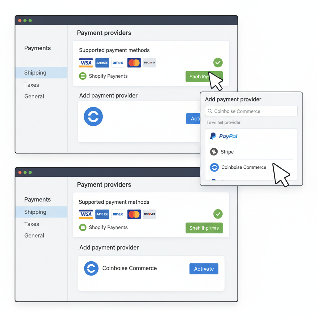 Shopify payments settings page, adding Coinbase Commerce gateway