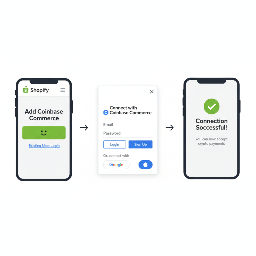 Coinbase Commerce signup or login interface integrated in Shopify app