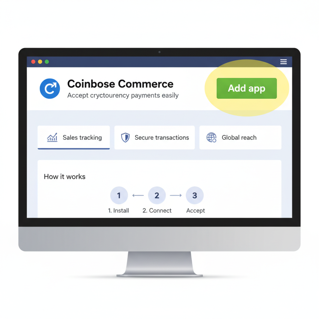 Shopify app store page for Coinbase Commerce, install button highlighted