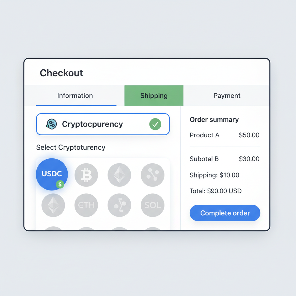 Shopify storefront checkout selecting USDC payment option
