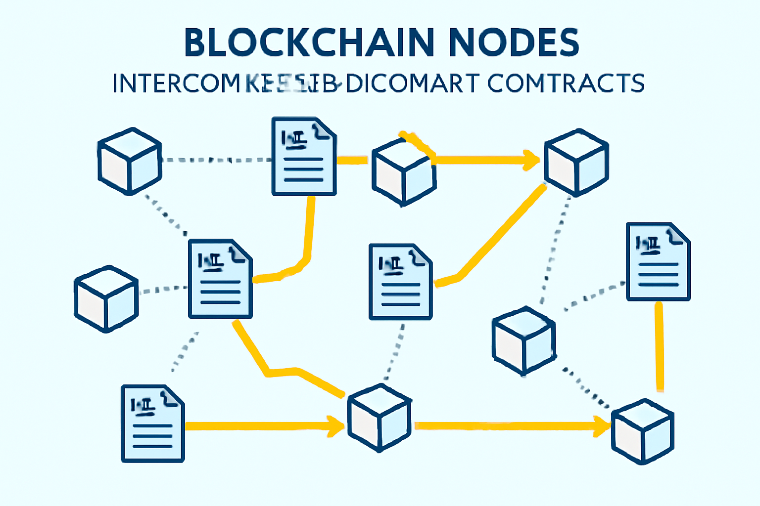 A visual of blockchain nodes interconnected by smart contracts, with highlighted pathways showing optimized transaction routes.