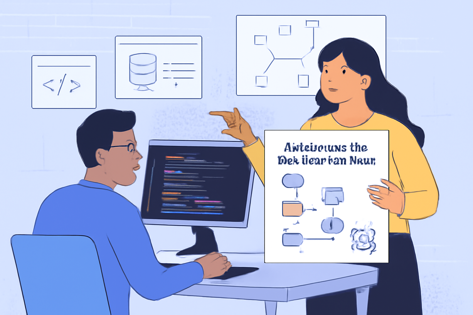 Developers reviewing code and architecture diagrams for an automated fee optimization tool, set in a high-tech workspace.