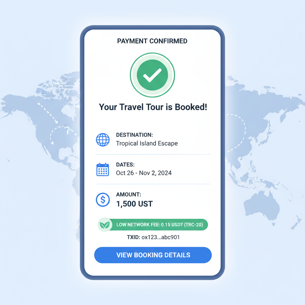 completing usdt payment on tron network for travel tour, confirmation screen, low fee indicator