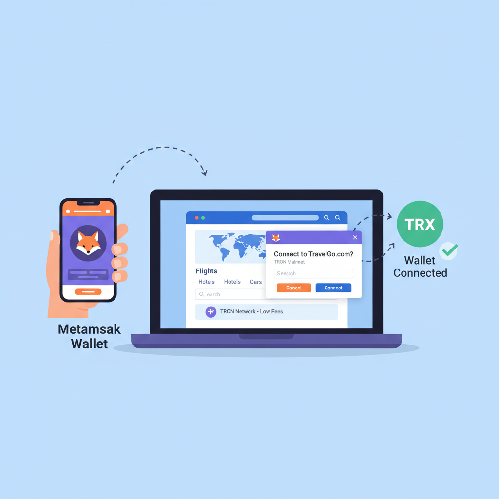 user connecting metamask wallet to travel booking site, tron network, low fees, crypto interface