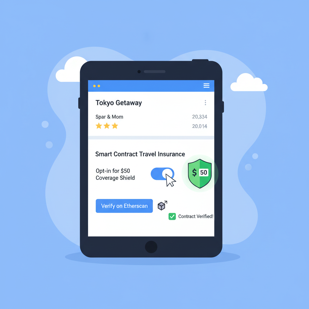 opting into smart contract insurance on travel platform, etherscan verification, $50 coverage shield