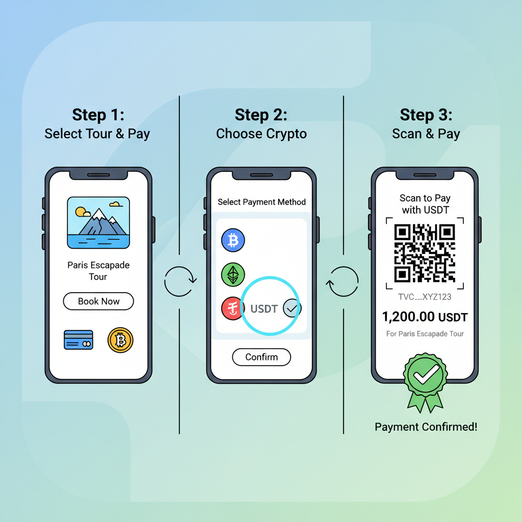 crypto payment interface with USDT checkout for tour booking