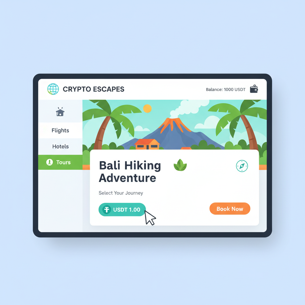 selecting bali hiking tour on crypto travel site, usdt price tag $1.00, vibrant nature image