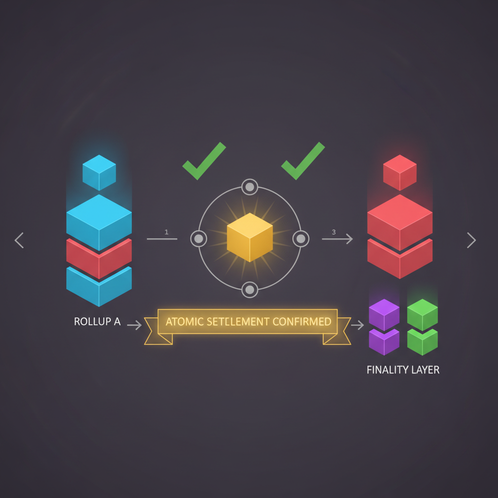 atomic cross-rollup settlement visualization, glowing blocks confirming simultaneously