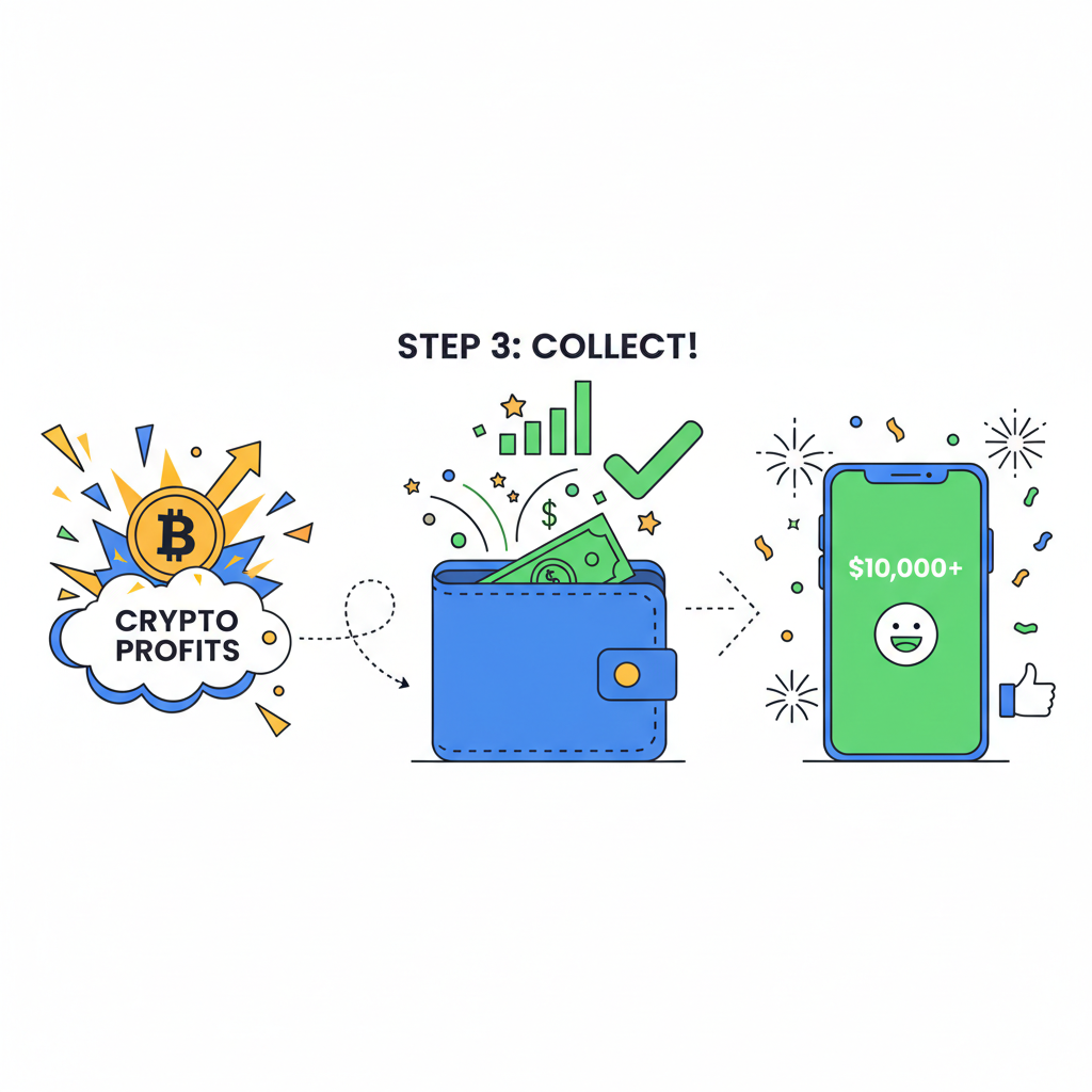 crypto profits landing in digital wallet, explosive celebration graphics