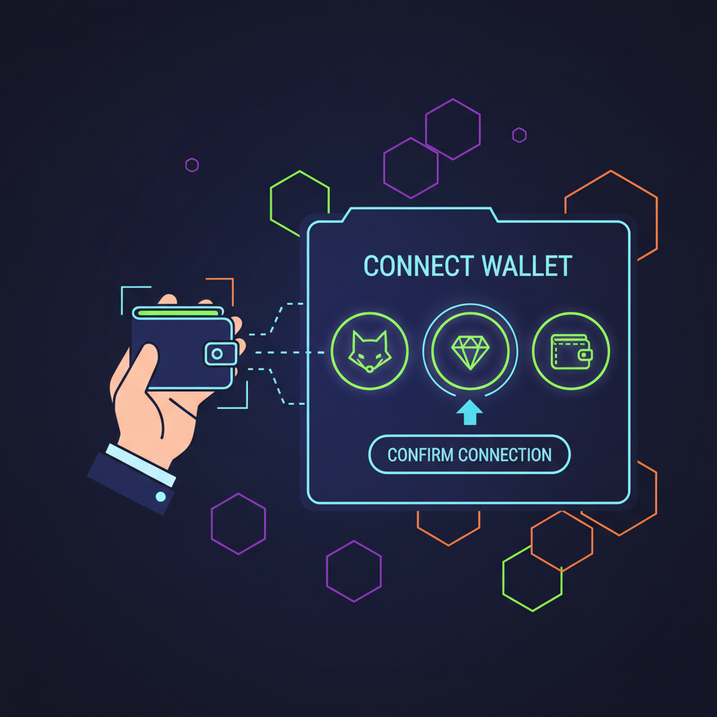 user connecting crypto wallet to futuristic DEX interface, neon blockchain vibes