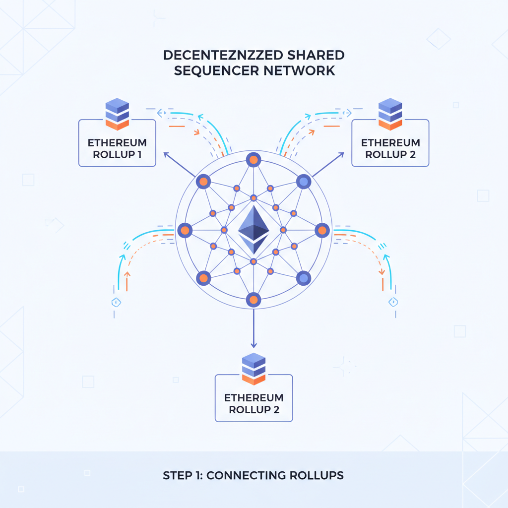 decentralized shared sequencer network linking Ethereum rollups, data streams flowing fast