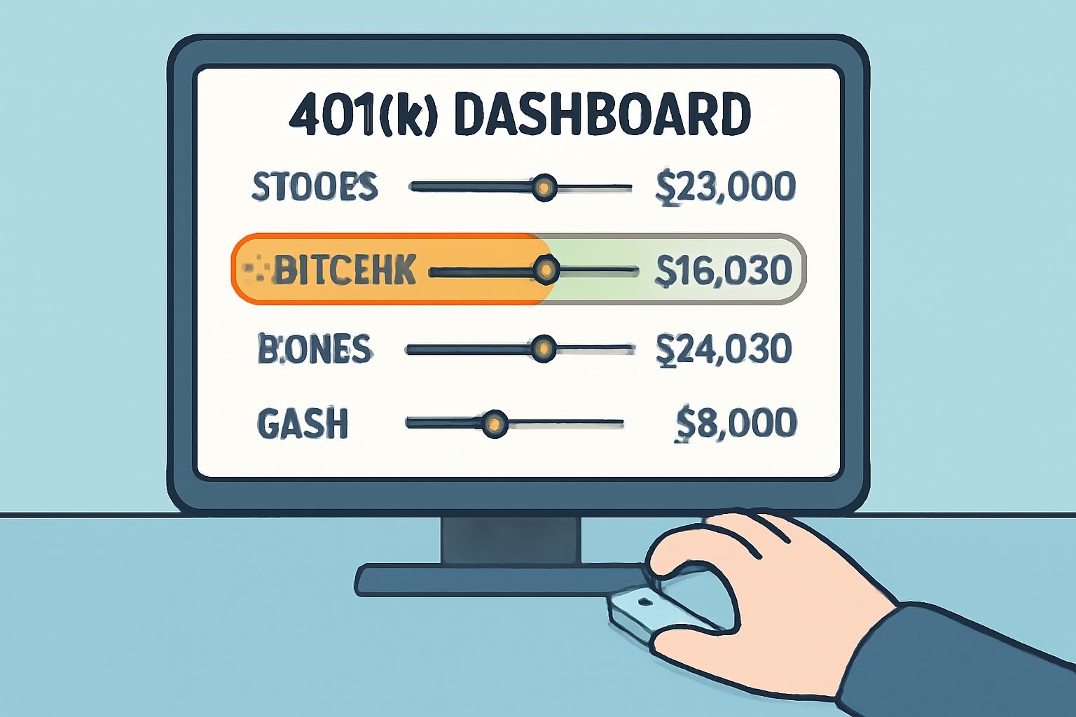 A computer screen displaying a 401(k) dashboard with allocation sliders, a highlighted Bitcoin option, and dollar amounts, user’s hand on mouse