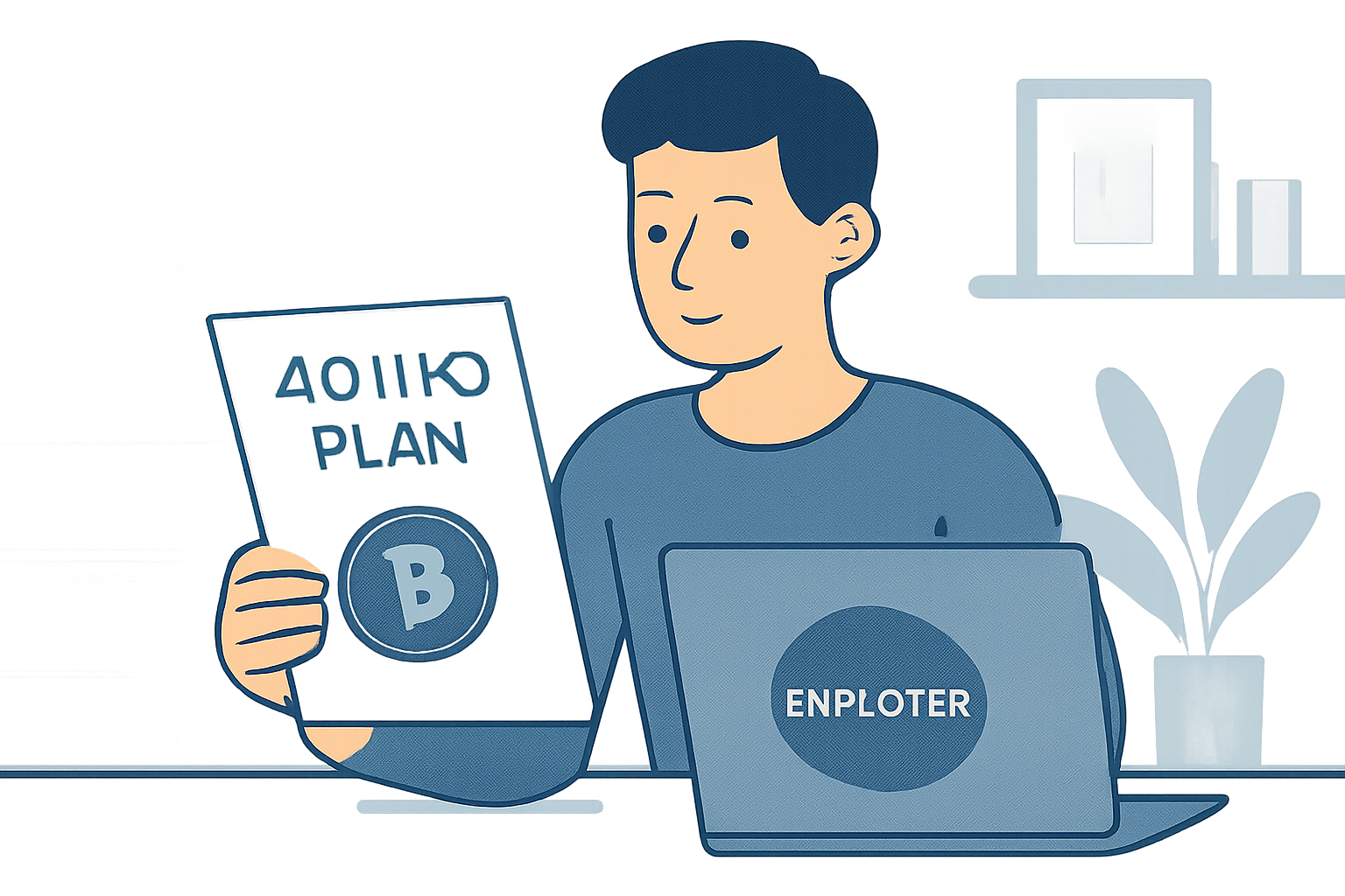 A person reviewing their 401(k) plan documents with a laptop, employer logo visible, and a Bitcoin symbol overlayed on paperwork, modern office setting