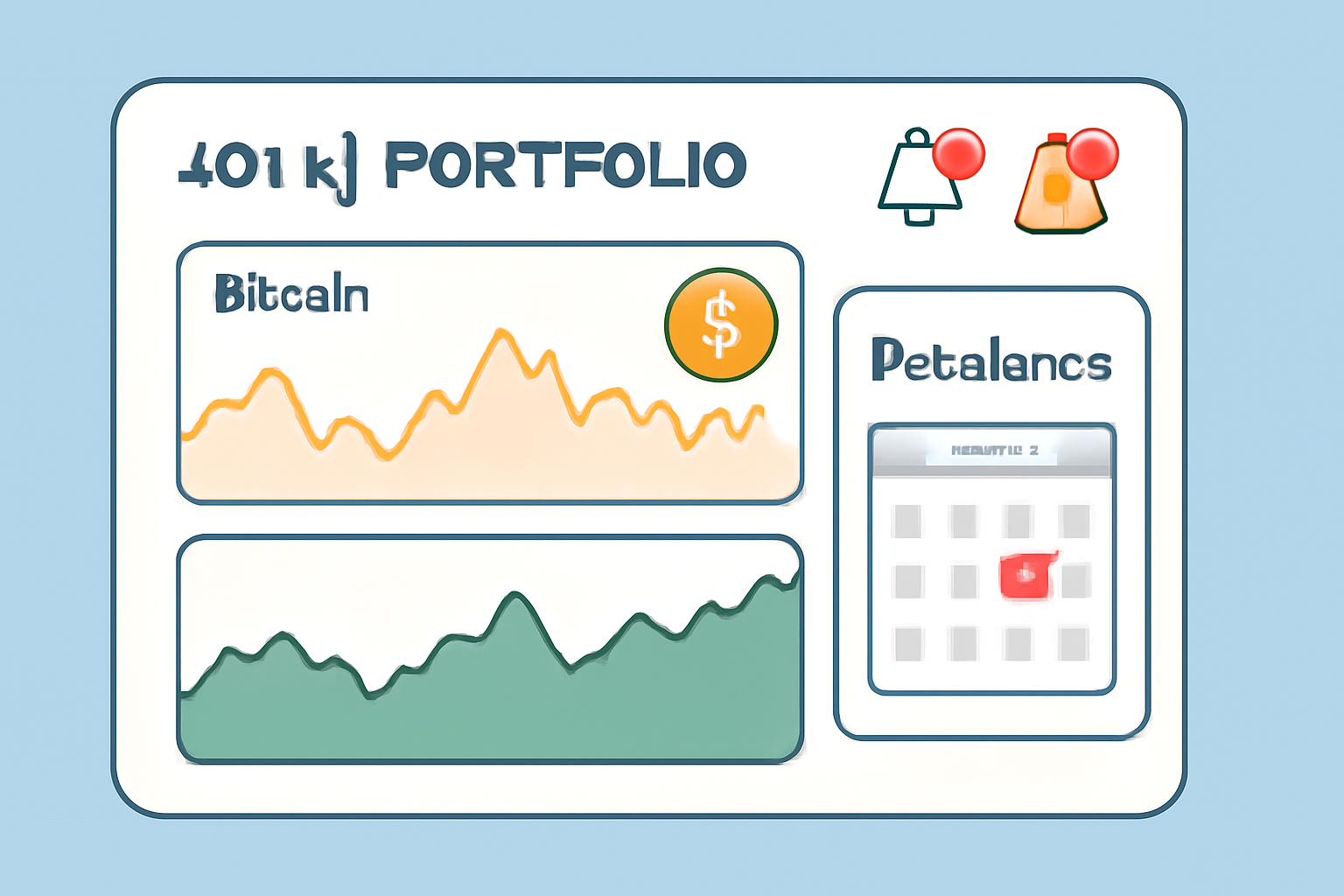 A digital dashboard showing a 401(k) portfolio with Bitcoin performance graphs, notification icons for alerts, and a calendar for rebalance reminders