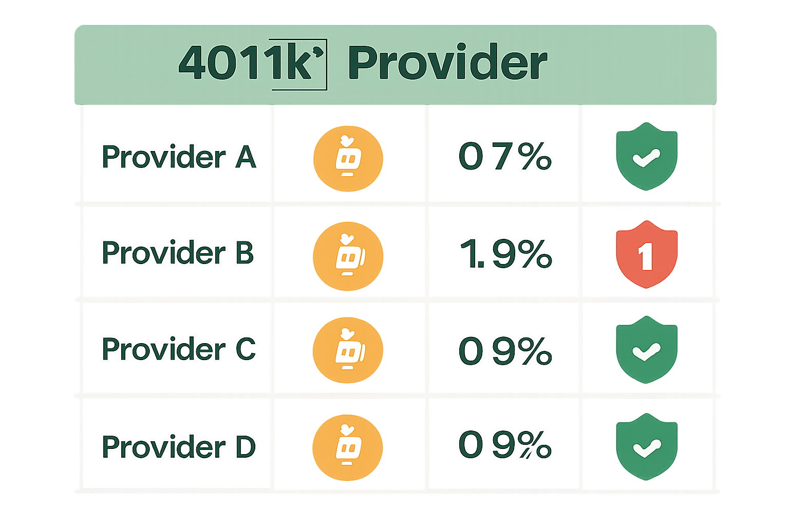 A comparison chart showing different 401(k) providers, Bitcoin logos, fee percentages, and security icons, clean infographic style