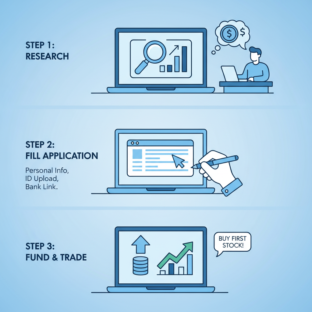 beginner opening brokerage account on laptop, clean step-by-step illustration, blue tones