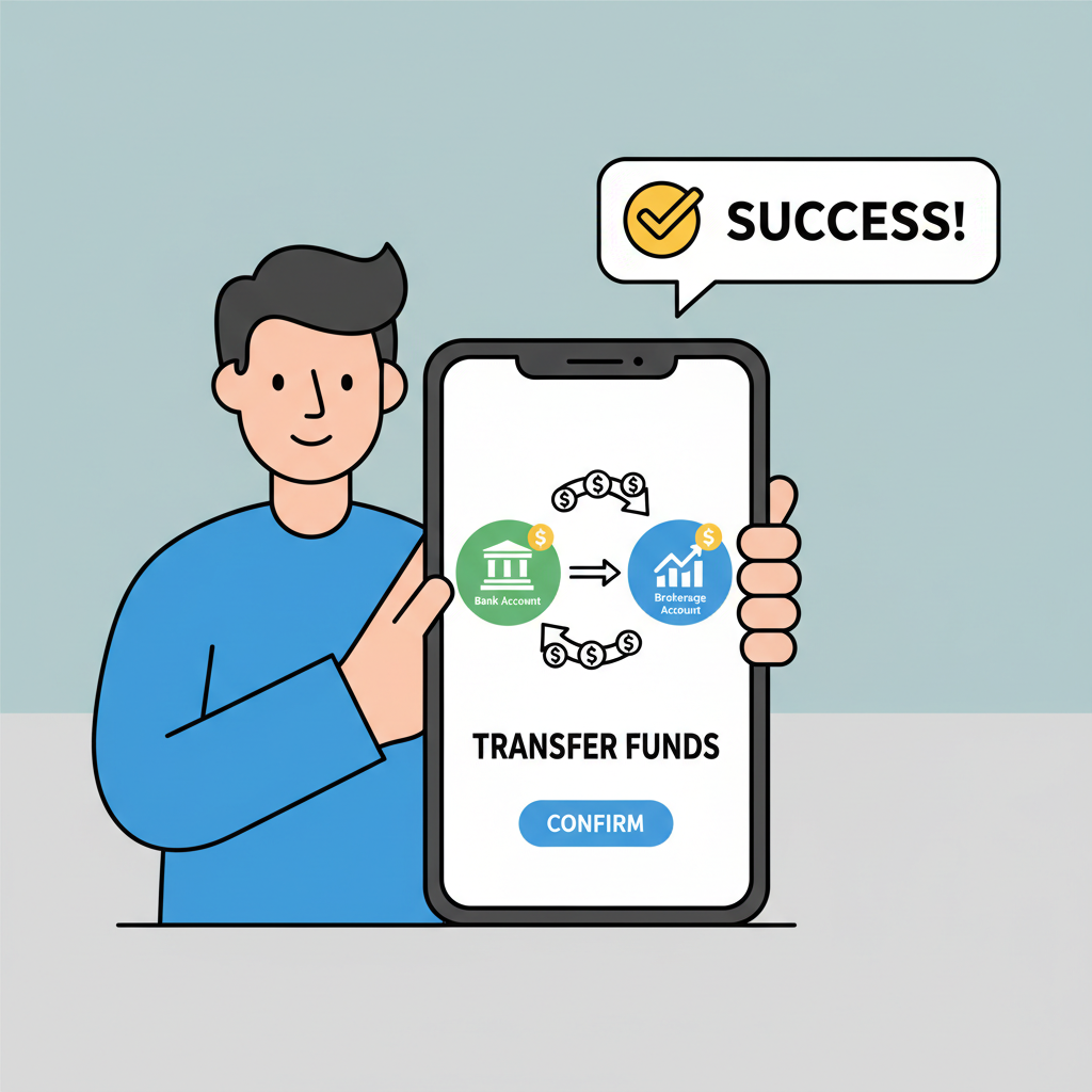 person funding brokerage account from bank app, money transfer icons, simple illustration