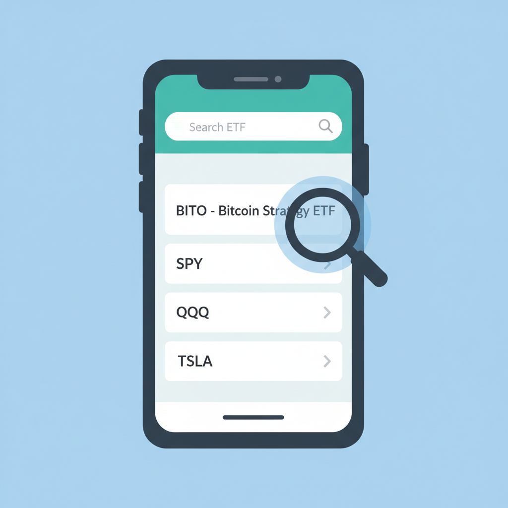 searching ETF ticker in brokerage app, magnifying glass over Bitcoin ETF, illustrative