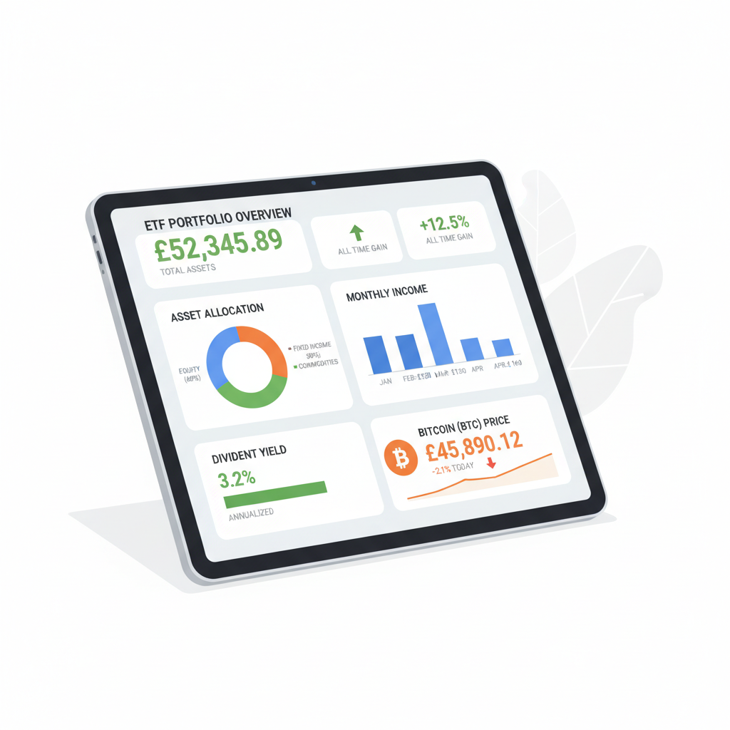 monitoring ETF portfolio on dashboard, income charts and Bitcoin price, clean UI illustration
