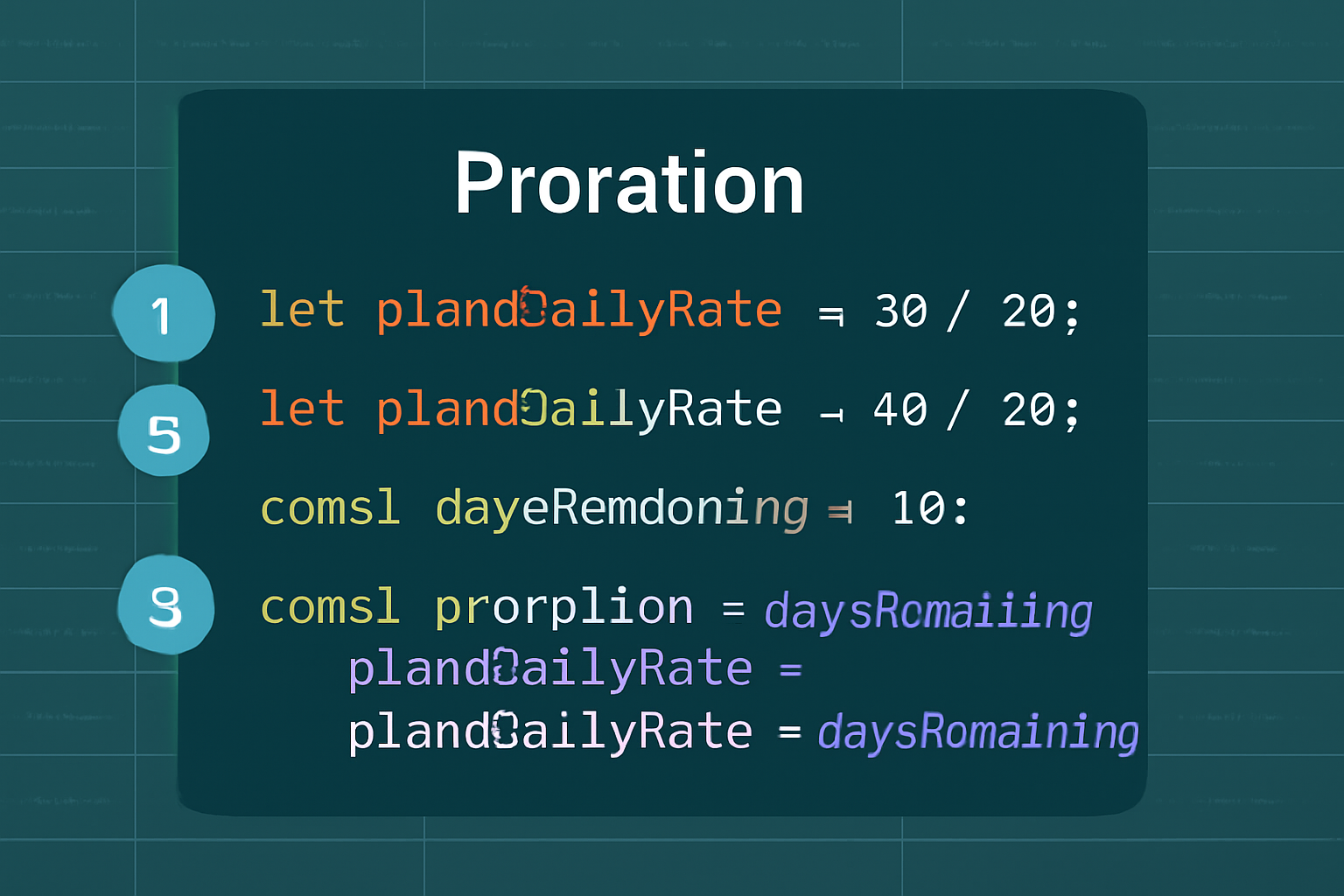 Code snippet showing proration calculation with daily rates for two SaaS plans, digital ledger background