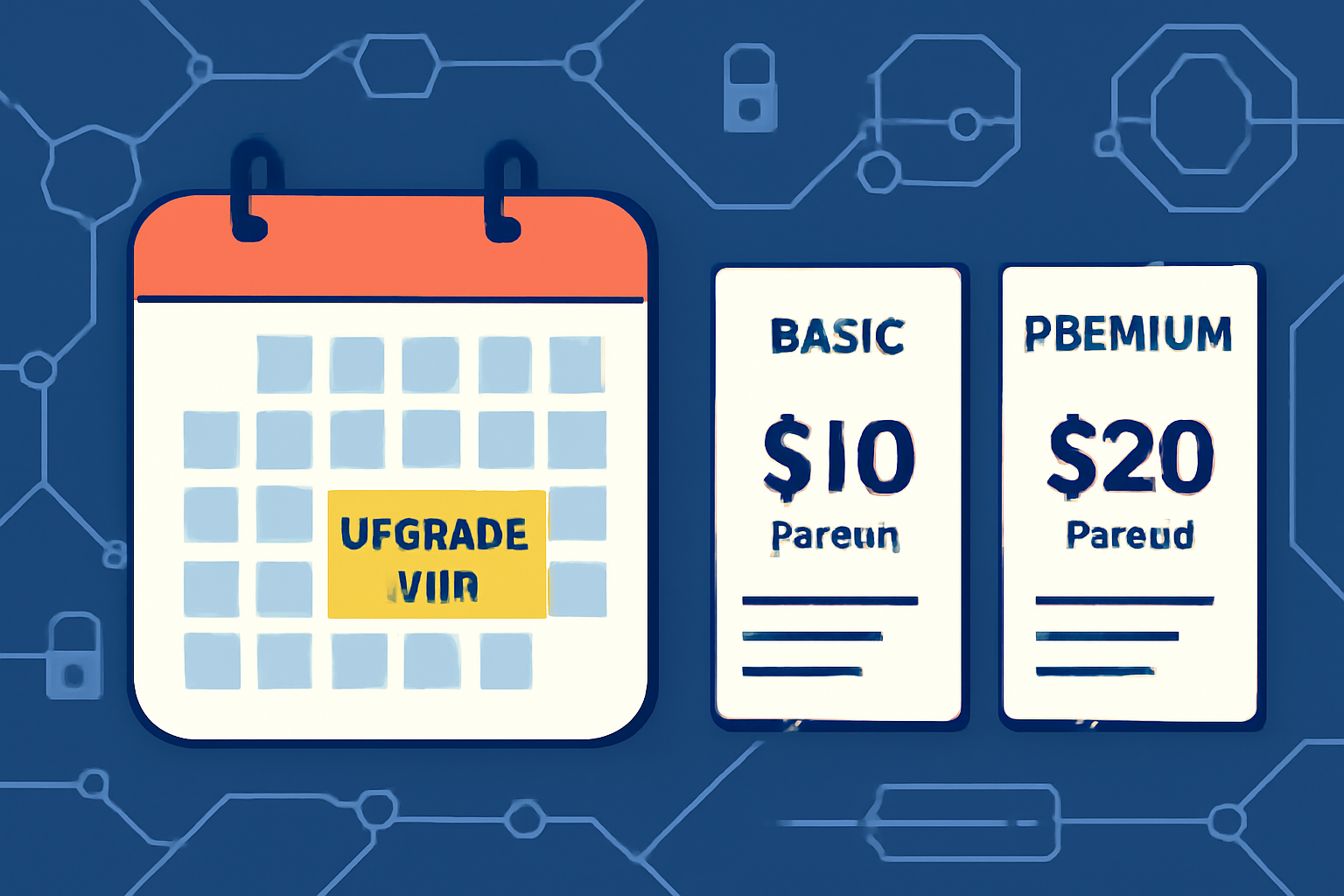 A calendar with highlighted upgrade day and two subscription plans, on a blockchain interface