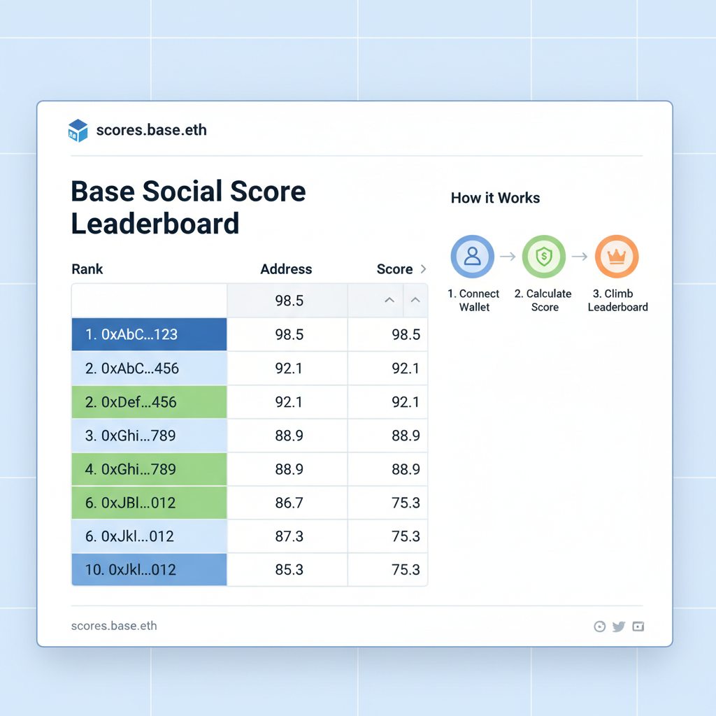 clean homepage of scores.base.eth website showing Base Social Score leaderboard