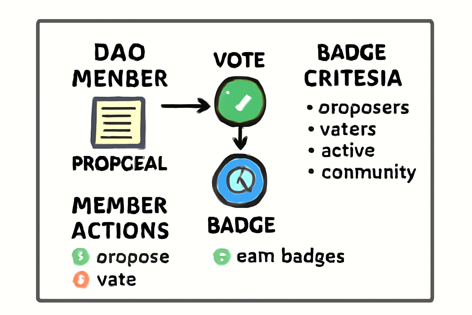 A whiteboard with flowcharts and lists, showing DAO member actions and badge criteria, with digital icons representing proposals and votes.
