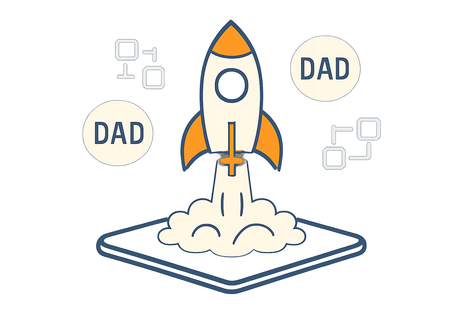 A rocket launching from a digital platform, with blockchain nodes and DAO logos in the background, symbolizing mainnet deployment.