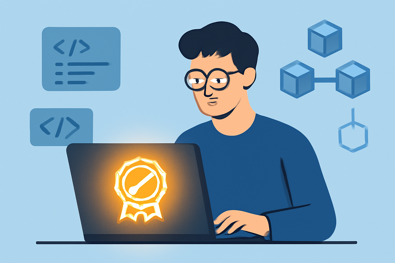 A developer coding on a laptop, with code snippets and blockchain symbols in the background, and a digital badge icon glowing on the screen.
