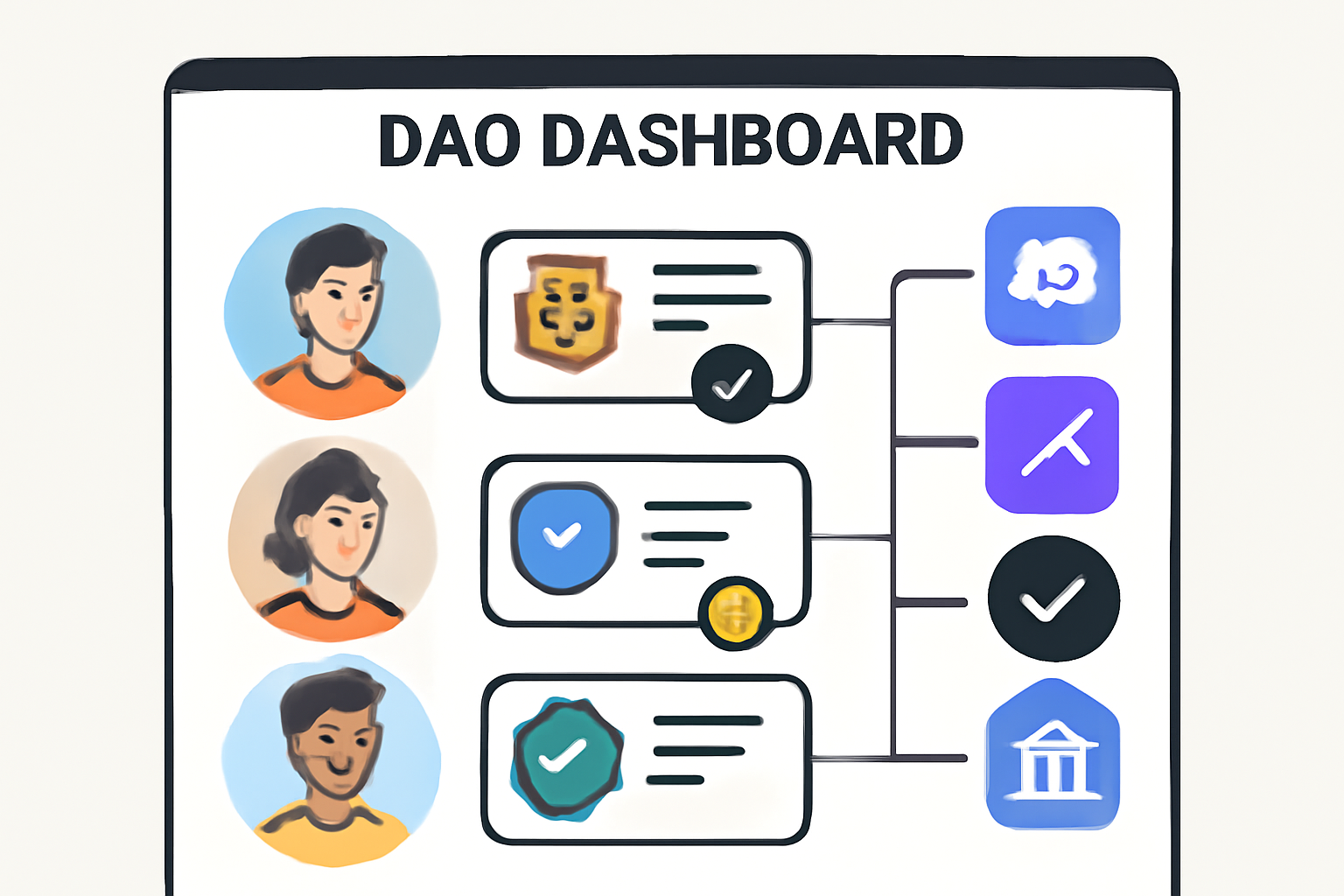 A dashboard interface showing DAO member profiles with badges, connected to various governance platform icons like Discord and Snapshot.