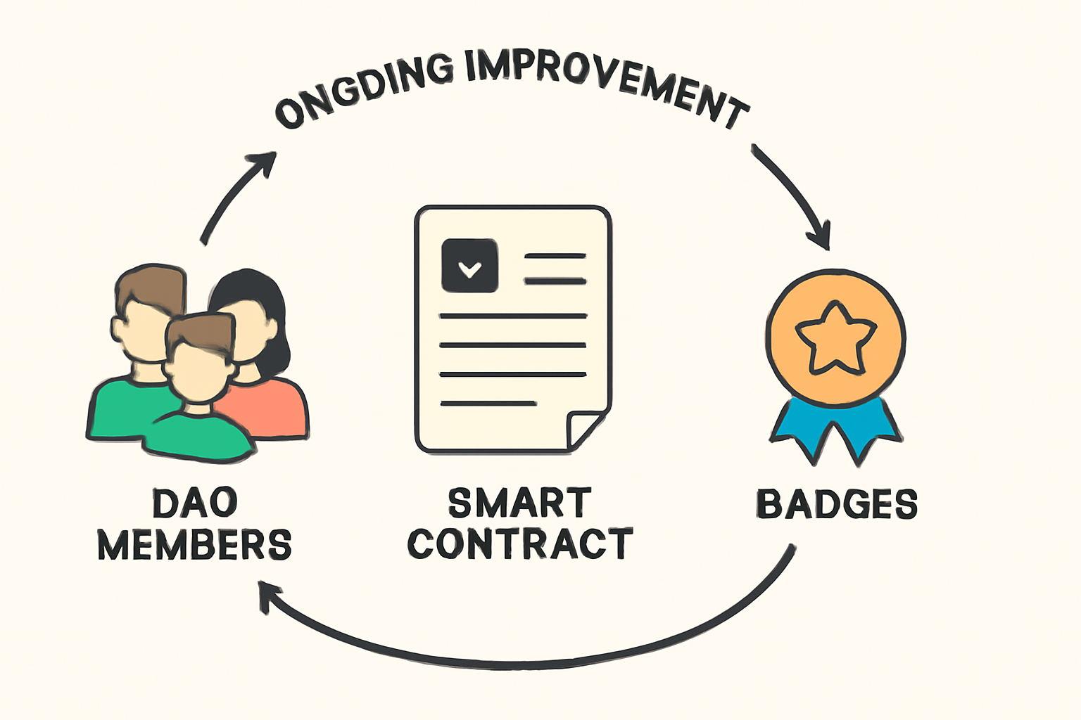 A feedback loop diagram with DAO members, badges, and a smart contract in the center, surrounded by arrows indicating ongoing improvement.