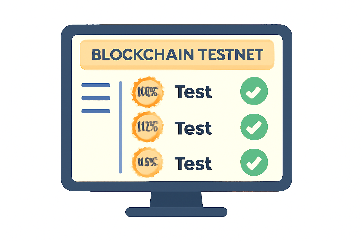 A computer screen showing a blockchain testnet interface, with test badges being issued and checkmarks indicating successful tests.