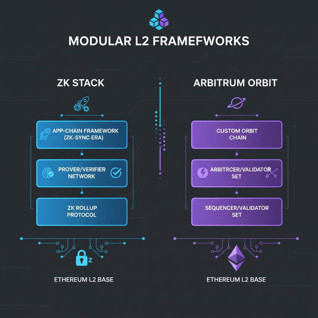 sleek diagram comparing ZK Stack and Arbitrum Orbit stacks, Ethereum L2 base, tech icons, dark futuristic UI