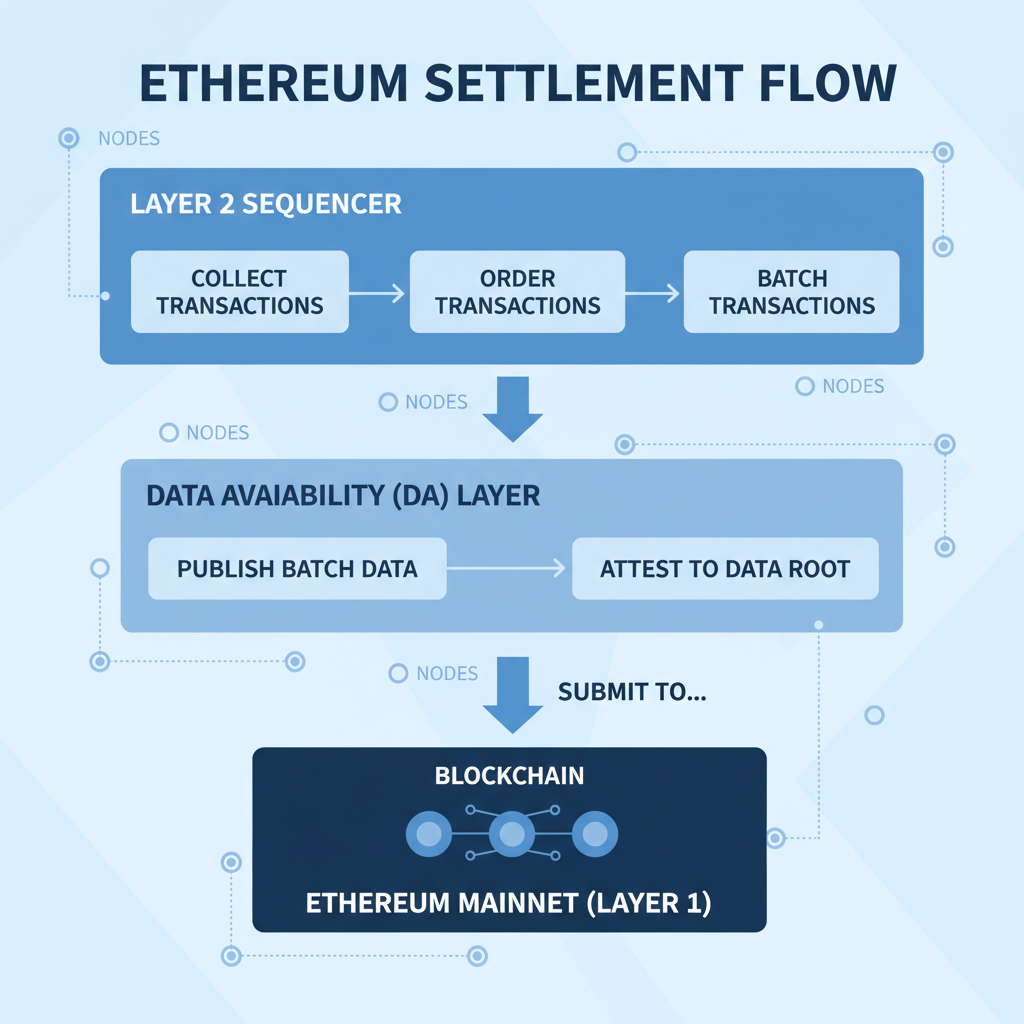 flowchart of sequencer and DA layers, Ethereum settlement, nodes connecting, blockchain visualization, professional blue tones