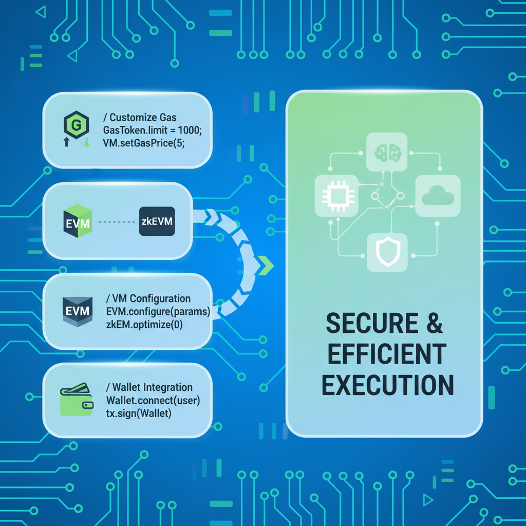 code snippet customizing gas token and VM, EVM zkEVM icons, wallet integration, high-tech circuit board aesthetic