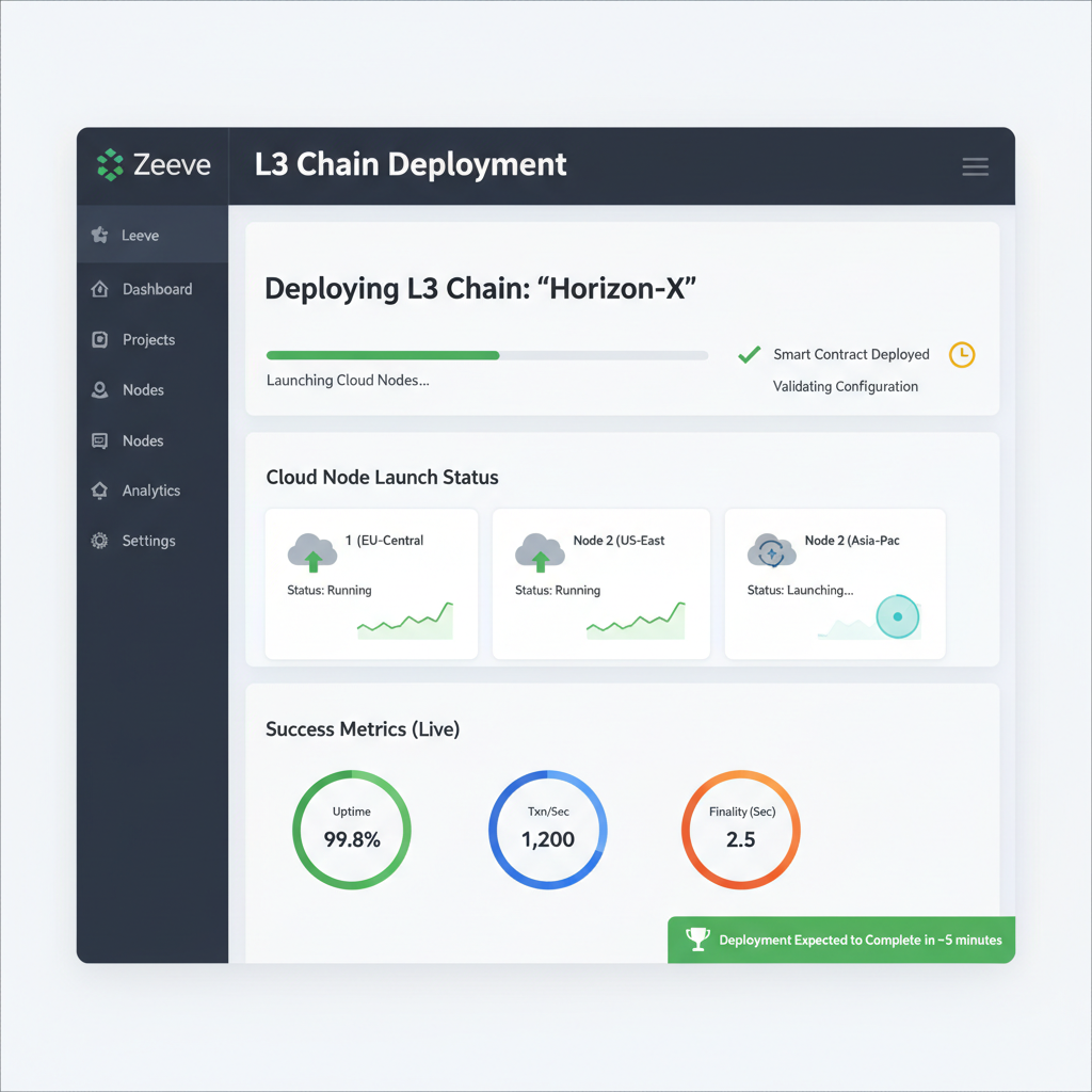 dashboard deploying L3 chain on Zeeve platform, cloud nodes launching, success metrics, modern web UI screenshot style